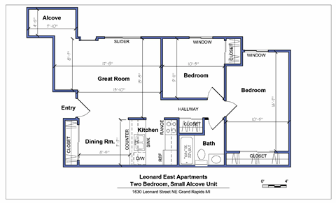A floor plan of the Leonard East Apartments showing a two bedroom, small alcove unit.